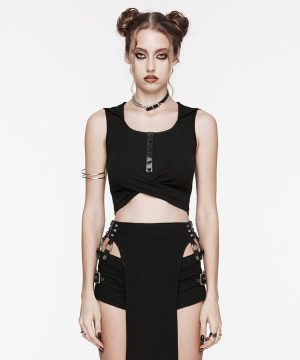 Gekreuztes Tanktop mit Punk-Ausschnitt und Kapuze für Damen - Gothic Shop