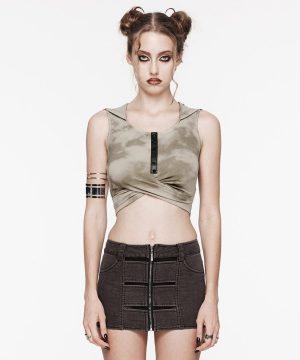 Gekreuztes Batik-Tanktop mit Punk-Ausschnitt und Kapuze für Damen - Gothic Shop