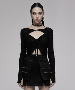 Langärmliges Crop-Top mit Punk-Ausschnitt und Kordelzug für Damen - Gothic Shop