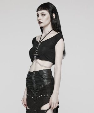 Kurzärmliges Crop-Top mit Punk-Ausschnitt und Ringkette für Damen - Gothic Shop