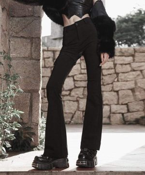 Damen-Punk-Schlaghose mit Kordelzug und Netzspleiß - Gothic Shop