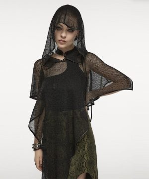 Unregelmäßiger Punk-Mesh-Umhang für Damen mit Kapuze - Gothic Shop