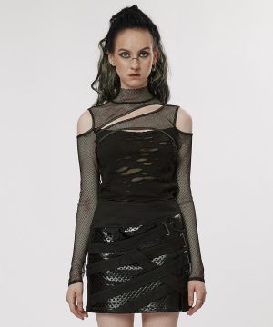 Schulterfreies Punk-Top mit zerrissenem Netzstoff für Damen - Gothic Shop