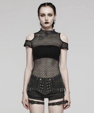 Damen-Punk-Top mit transparentem Ausschnitt und Netzstoff in Schwarz - Gothic Shop