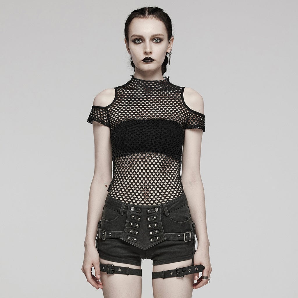 Damen-Punk-Top mit transparentem Ausschnitt und Netzstoff in Schwarz - Gothic Shop