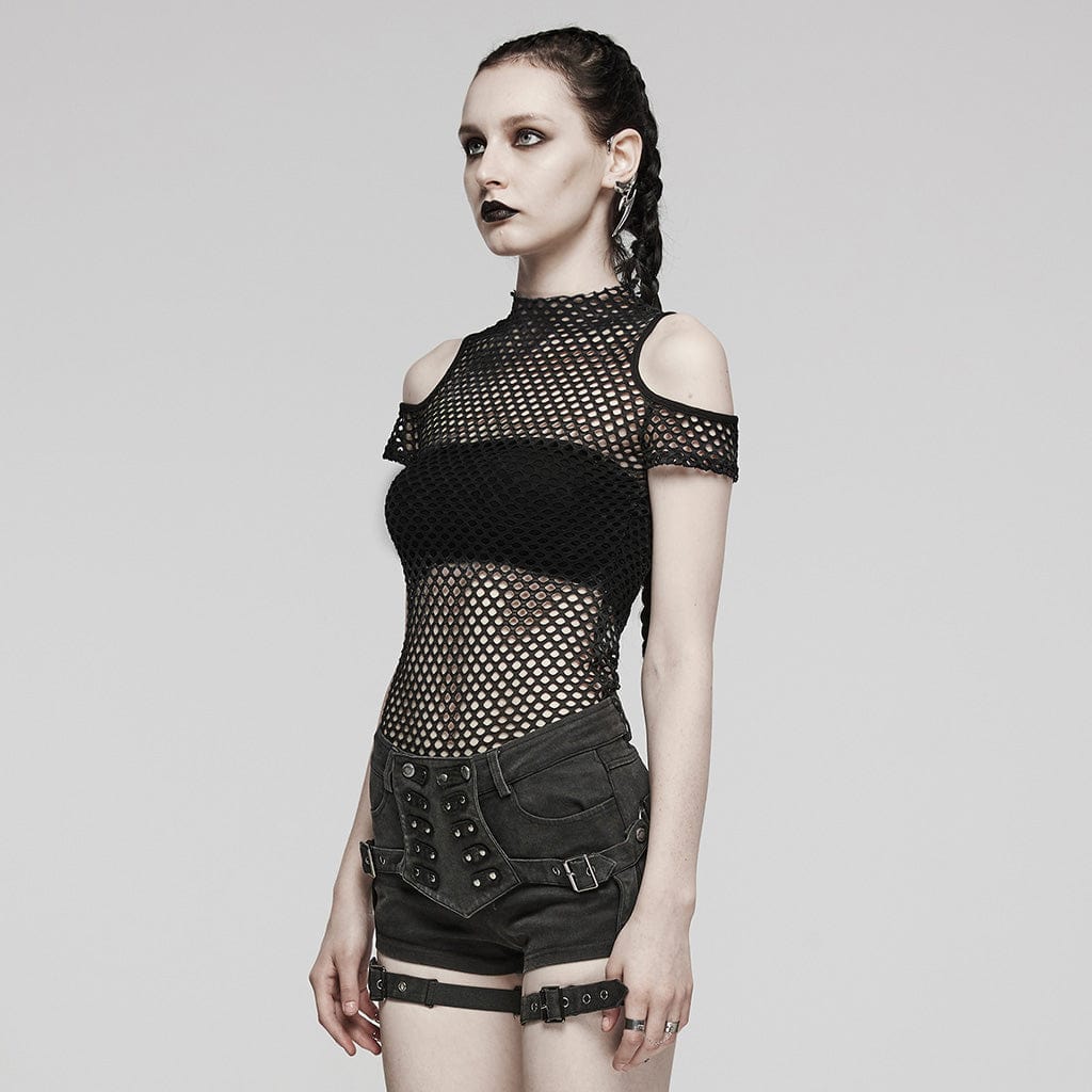 Damen-Punk-Top mit transparentem Ausschnitt und Netzstoff in Schwarz - Gothic Shop