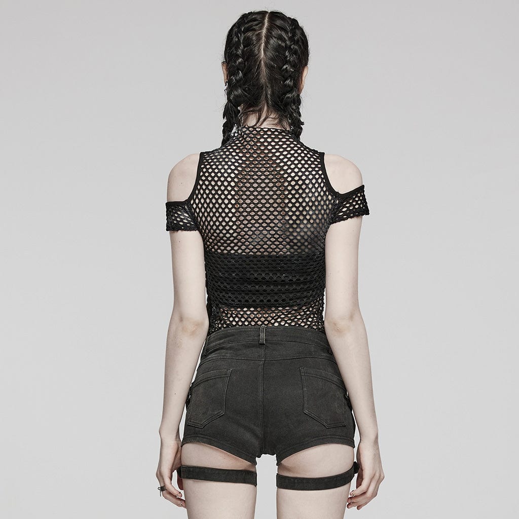 Damen-Punk-Top mit transparentem Ausschnitt und Netzstoff in Schwarz - Gothic Shop