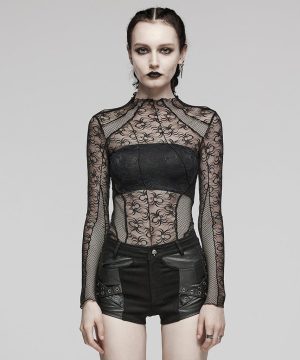 Damen-Punk-Shirt mit durchsichtigem Netzstoff und langen Ärmeln - Gothic Shop