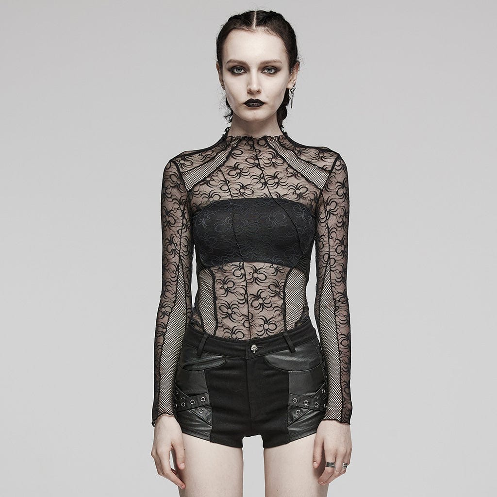 Damen-Punk-Shirt mit durchsichtigem Netzstoff und langen Ärmeln - Gothic Shop