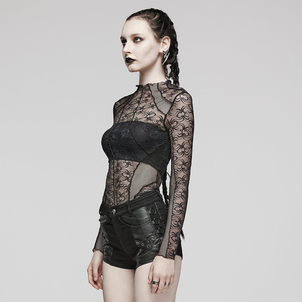 Damen-Punk-Shirt mit durchsichtigem Netzstoff und langen Ärmeln - Gothic Shop
