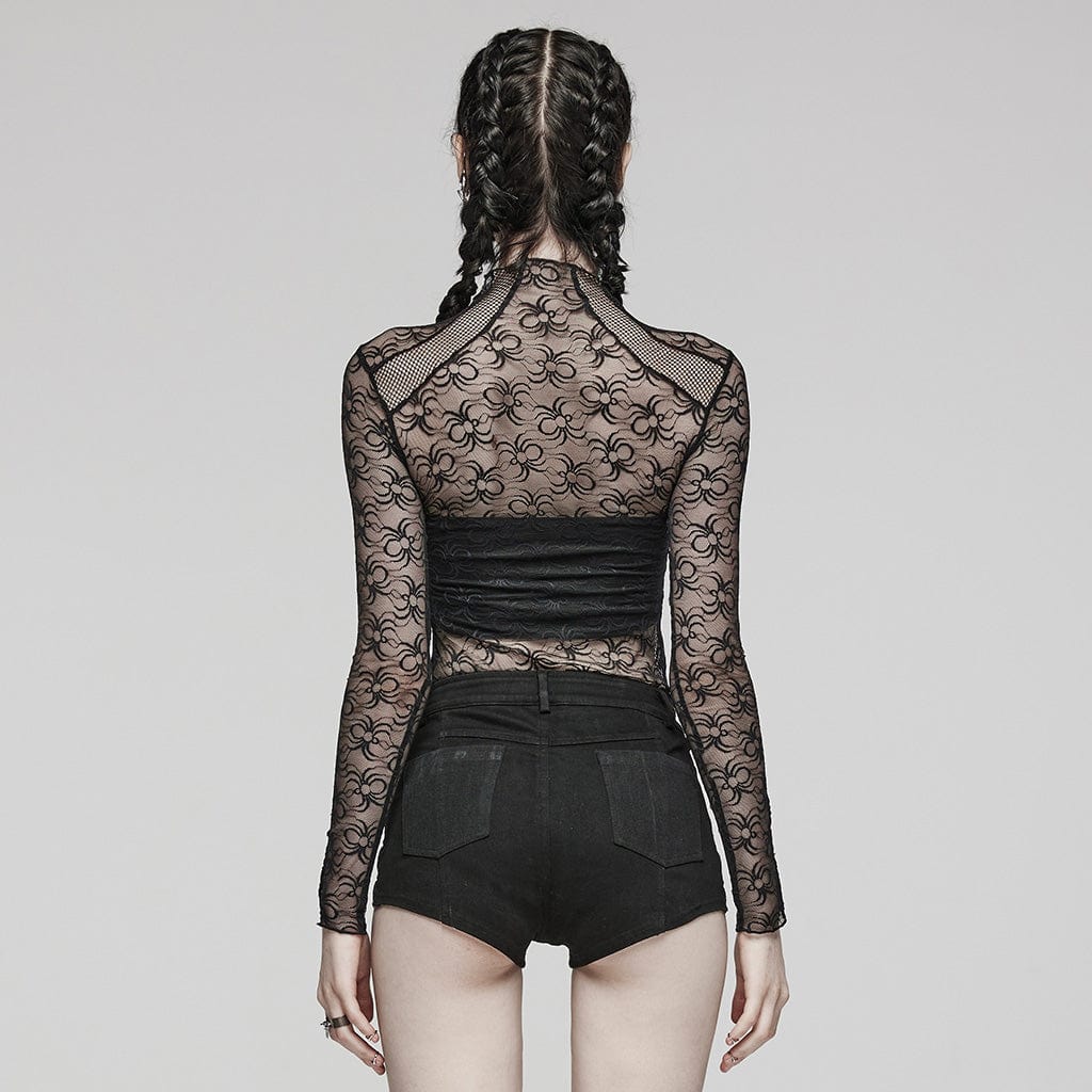 Damen-Punk-Shirt mit durchsichtigem Netzstoff und langen Ärmeln - Gothic Shop