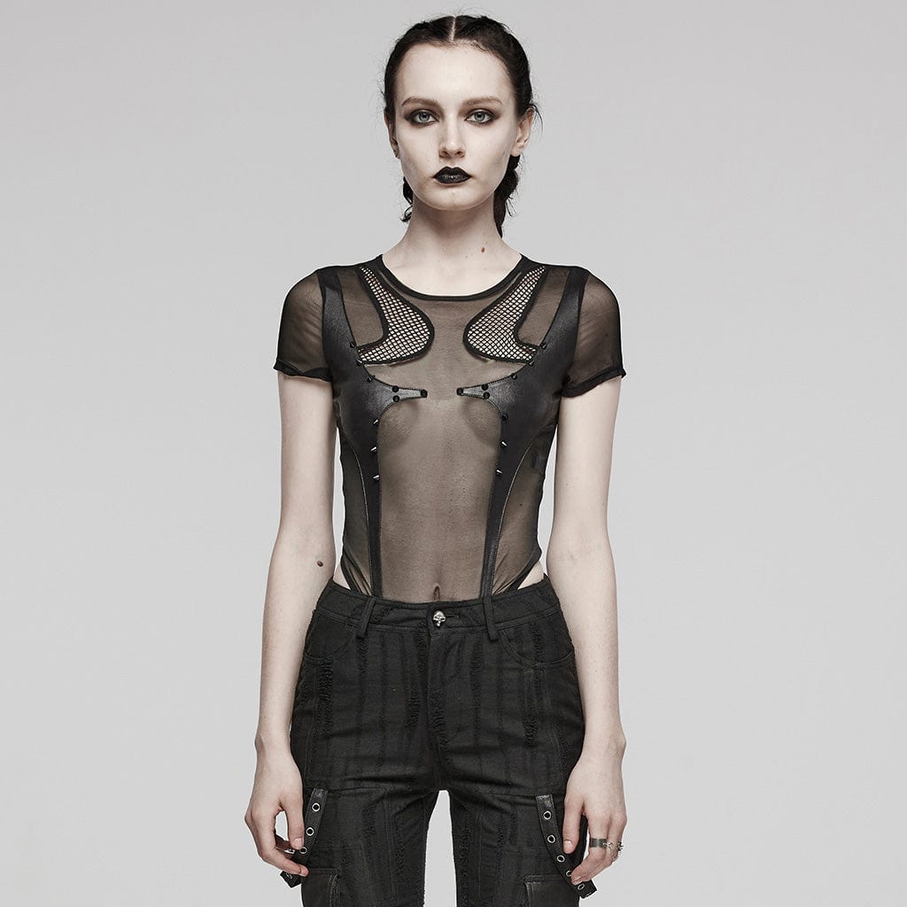 Punk-Body aus Netzstoff mit durchsichtigen Nieten für Damen - Gothic Shop