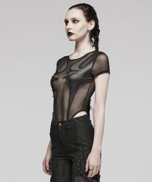 Punk-Body aus Netzstoff mit durchsichtigen Nieten für Damen - Gothic Shop
