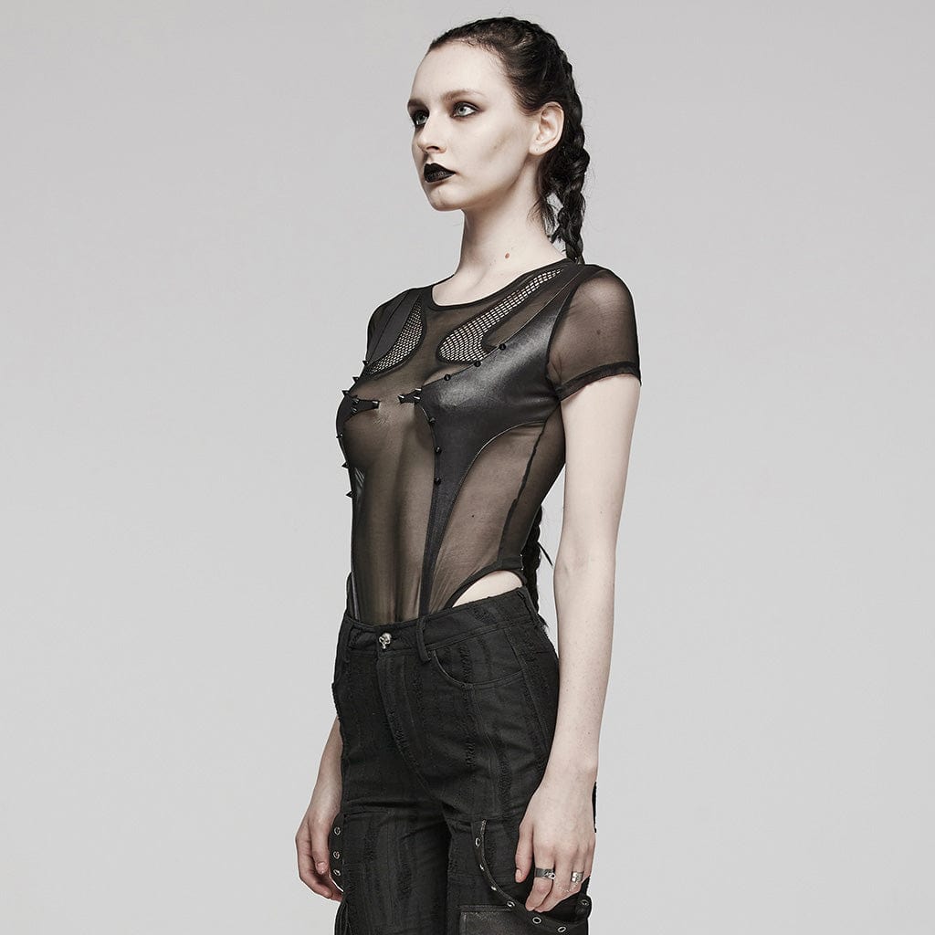 Punk-Body aus Netzstoff mit durchsichtigen Nieten für Damen - Gothic Shop