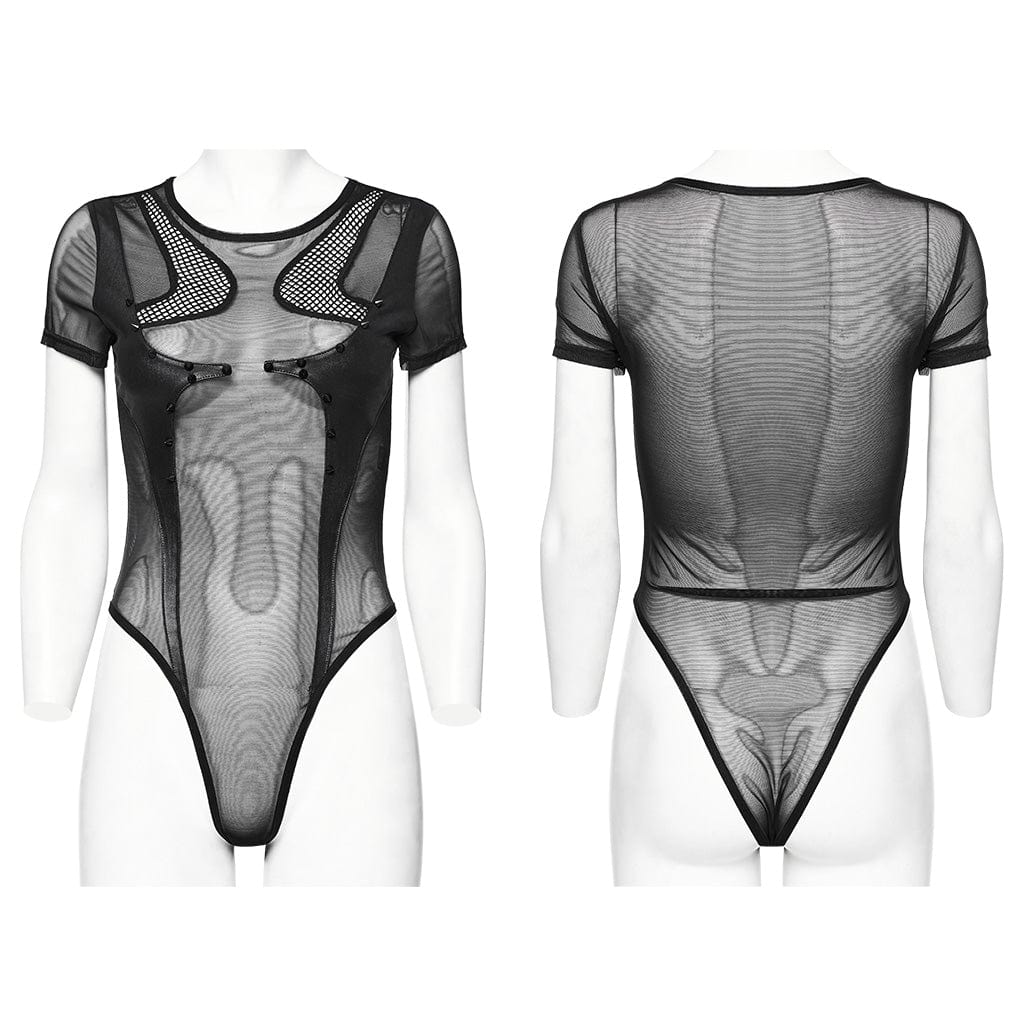 Punk-Body aus Netzstoff mit durchsichtigen Nieten für Damen - Gothic Shop