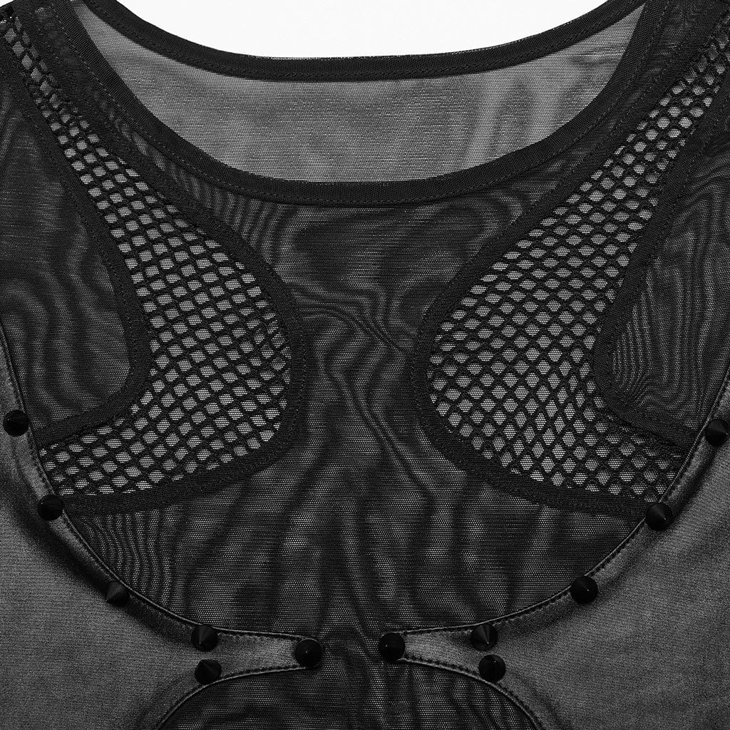 Punk-Body aus Netzstoff mit durchsichtigen Nieten für Damen - Gothic Shop