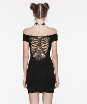 Schulterfreies Kleid mit Punk-Skelett-Stickerei für Damen - Gothic Shop