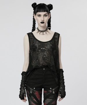 Punk-Skull-Mesh-Tanktop für Damen mit Ärmelärmeln - Gothic Shop