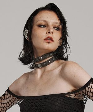 Damen-Halsband mit Punk-Schädel und Nieten und doppeltem Riemen - Gothic Shop