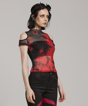 Damen-Punk-Top aus Netzstoff mit Batikmuster und Ausschnitten in Schwarz-Rot - Gothic Shop