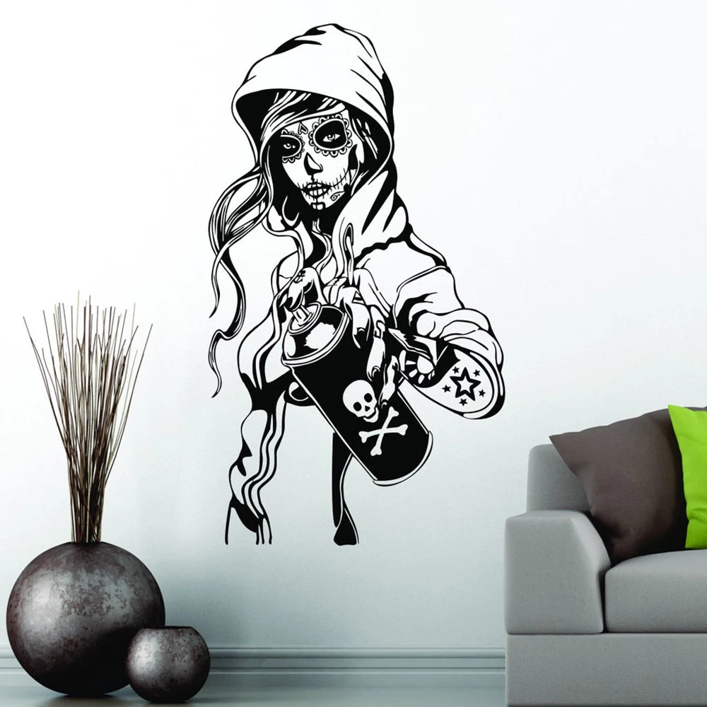 Gothic Wandsticker Tattoo Girl mit Sugar Skull Kunst