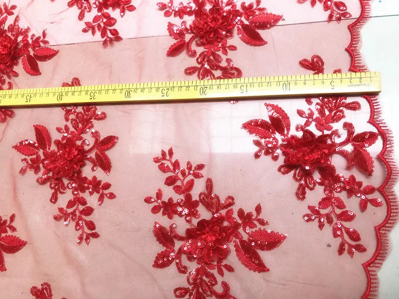 Gothic 3D Pailletten-Spitze mit Blumenstickerei – Schwarz Rot – Bild 5