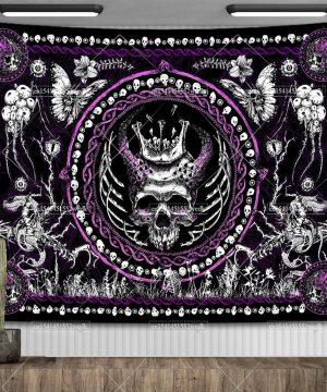 Gothic Wandteppich mit Totenkopfziege und Skelett Design