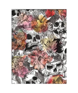 Gothic Blumen-Tapete mit Totenkopf zum Abziehen – Schwarz/Weiß