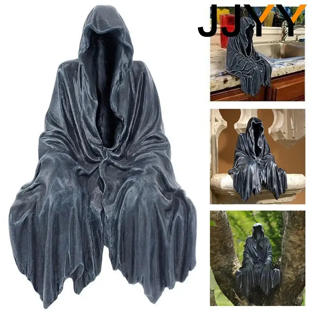 Gothic Dekofigur Sitzende Sensenmann Statue Aus Harz Grey Plastic Unisex