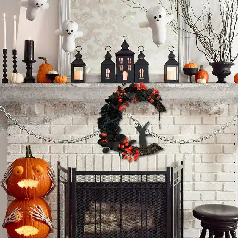 Gothic Halloween Tuerkranz Mit Mondkatze Dekoration