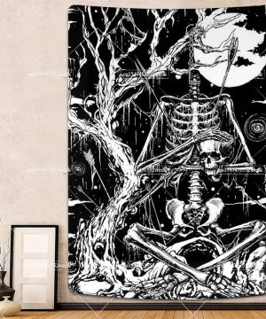 Gothic Wandteppich mit Totenkopf & Skelett für Zimmer