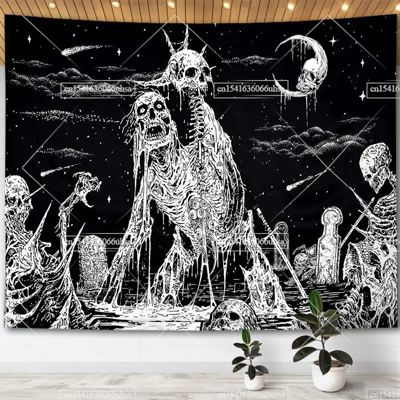 Gothic Wandteppich mit Totenkopf & Mond im Hippie-Stil