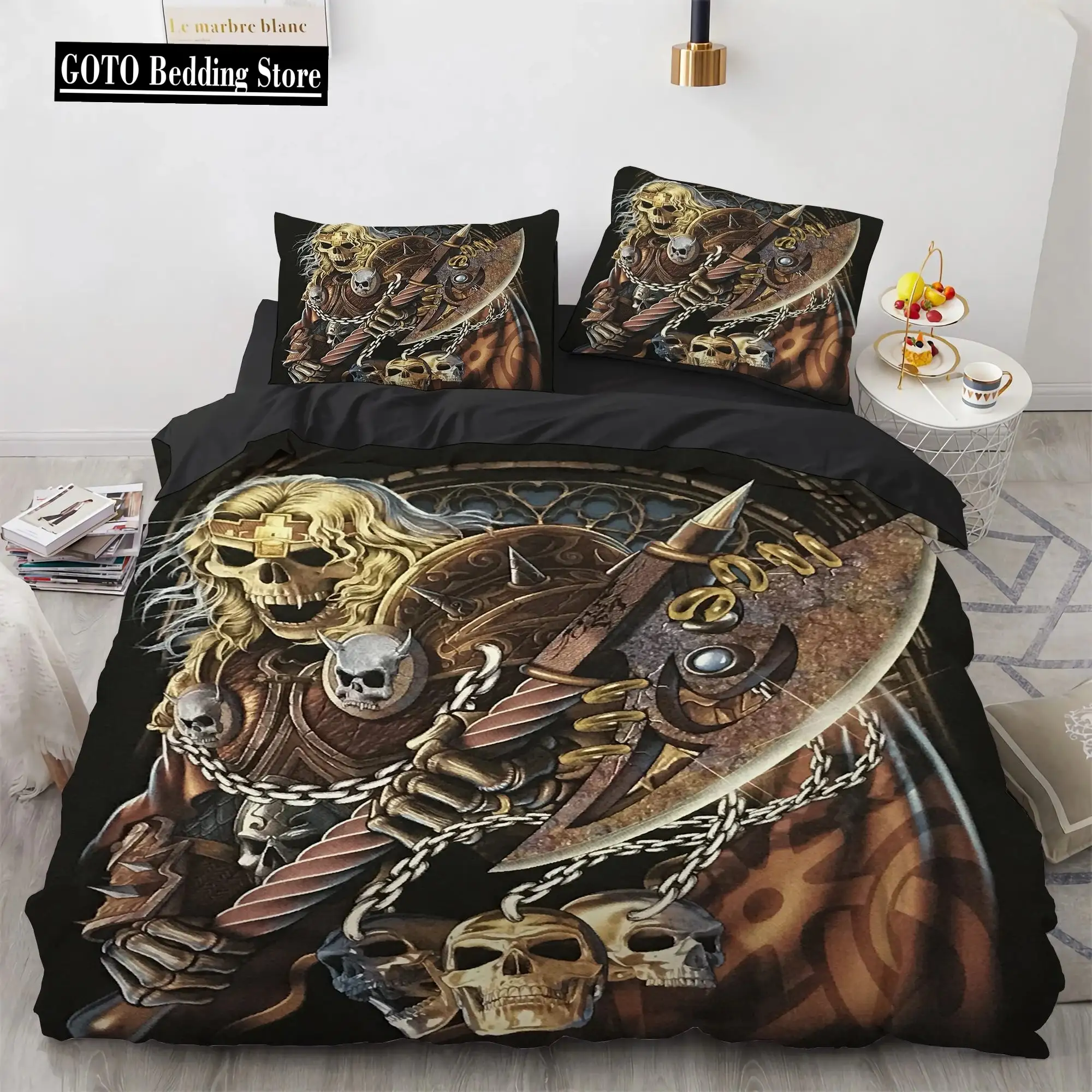 Gothic Skull Bettwaesche Set Queen Size Schwarze Halloween Bettdecke