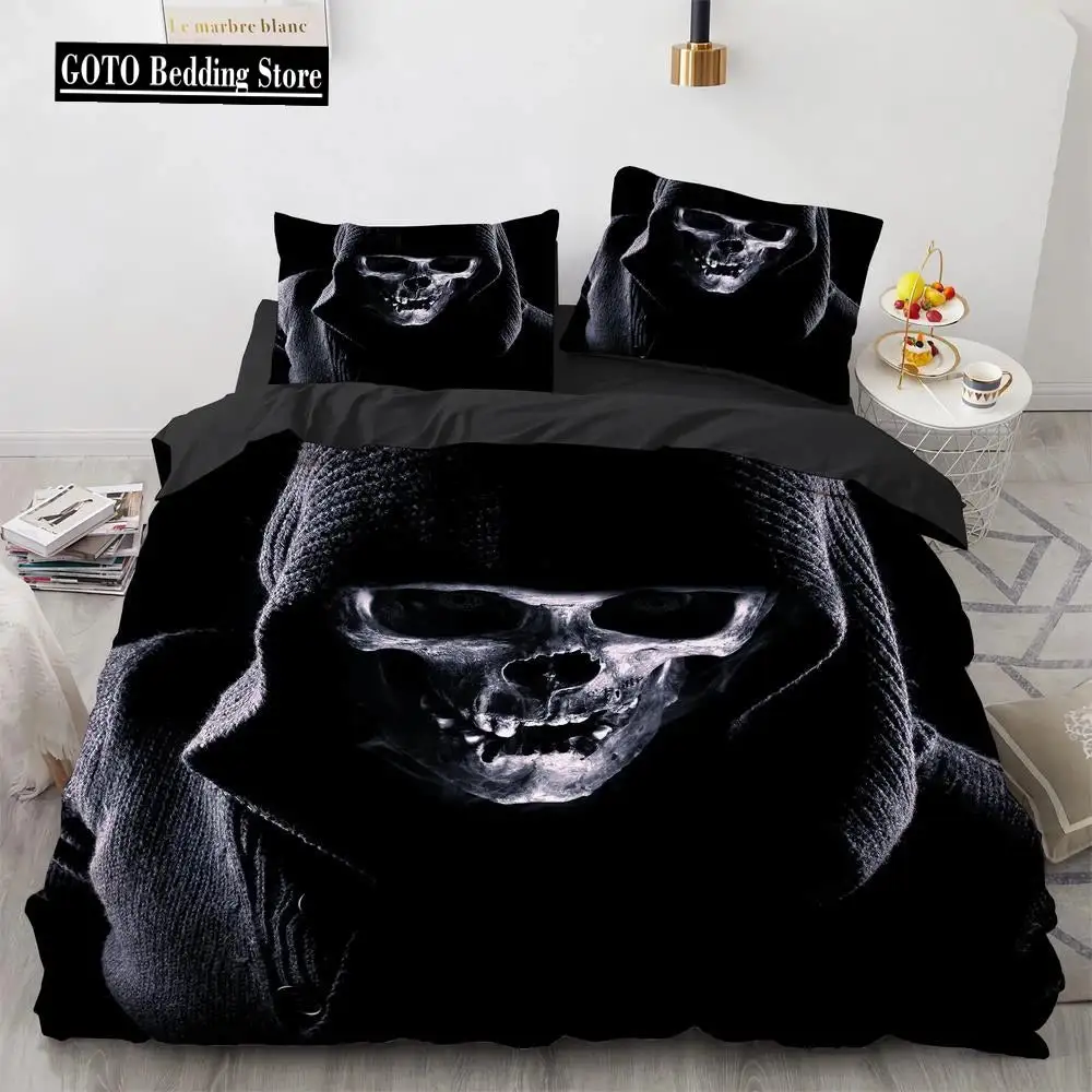 Gothic Skull Bettwaesche Set Queen Size Schwarze Halloween Bettdecke
