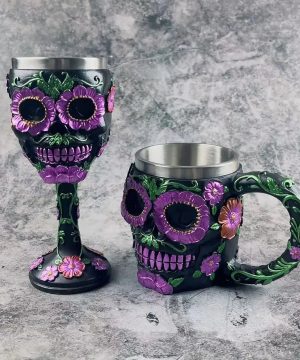 Gothic Totenkopf Kelch Becher mit Blumen Design 3D Look