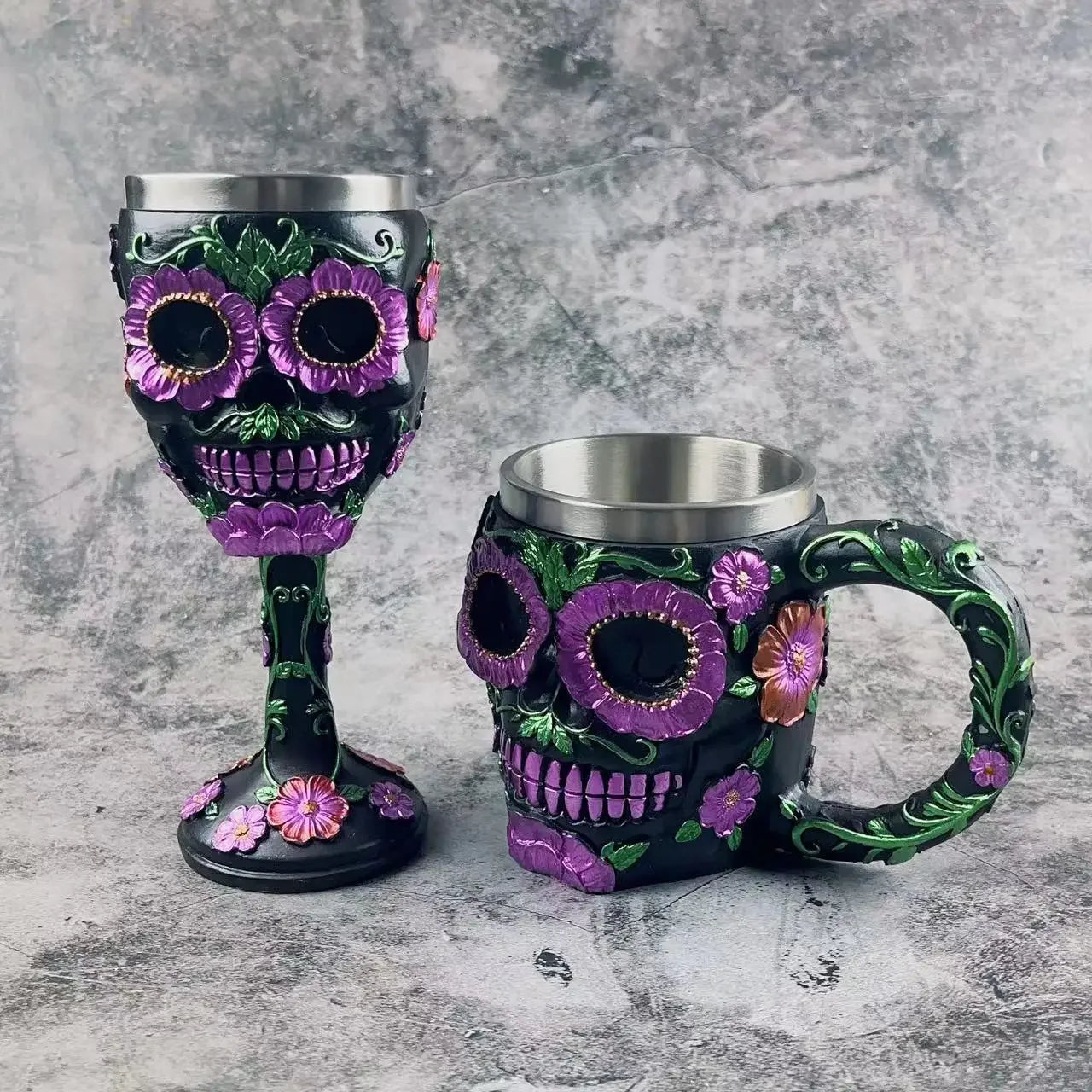 Gothic Totenkopf Kelch Becher mit Blumen Design 3D Look