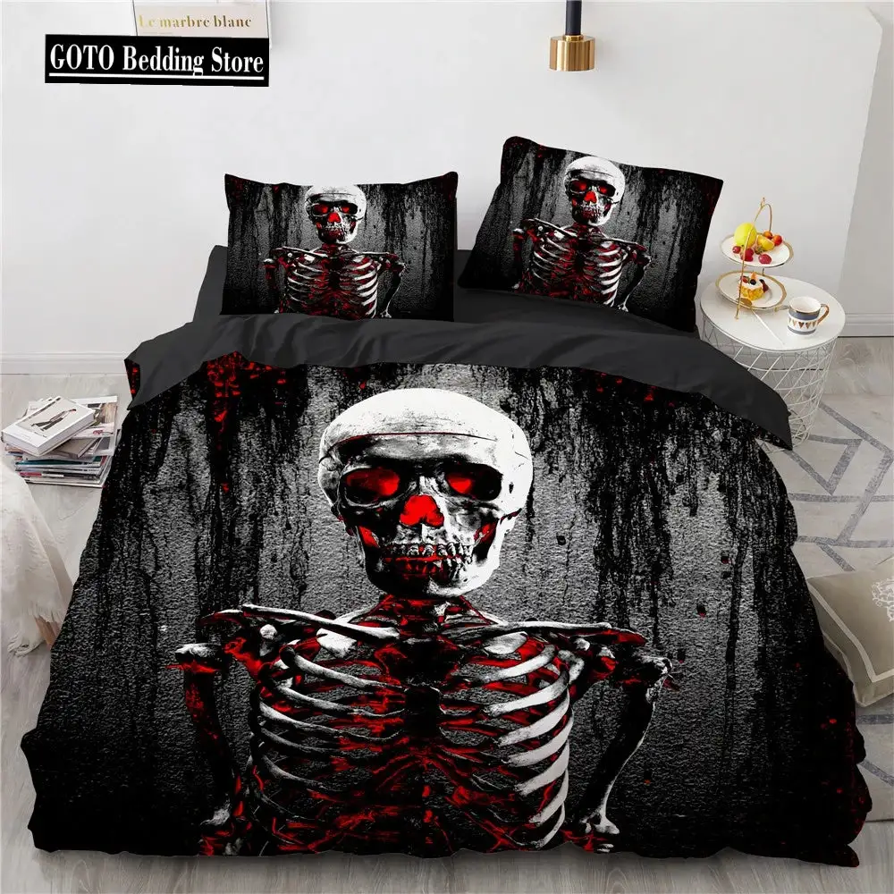 Gothic Skull Bettwaesche Set Queen Size Schwarze Halloween Bettdecke