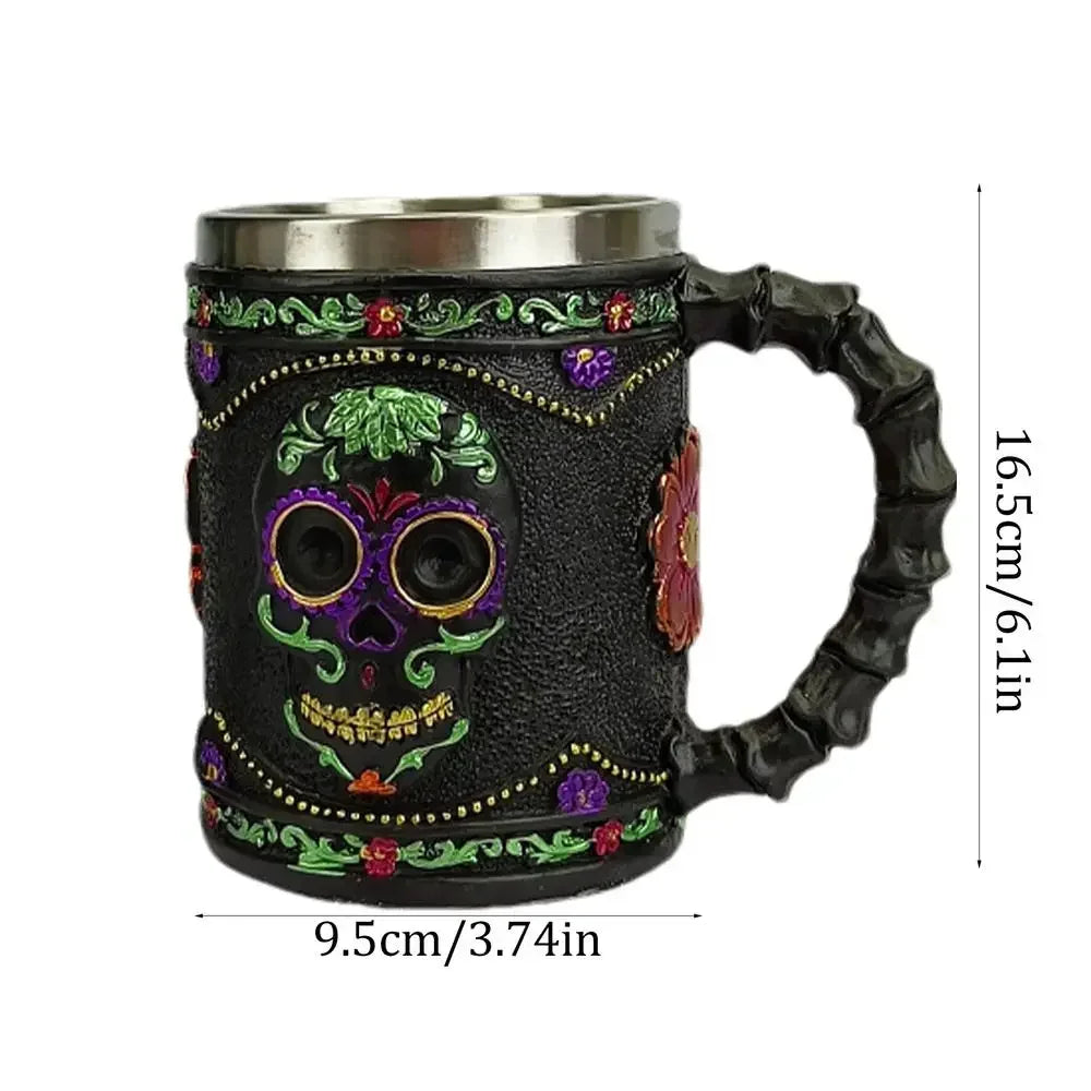 Gothic Totenkopf Becher mit Blumen, Edelstahl Innenwand – Bild 7