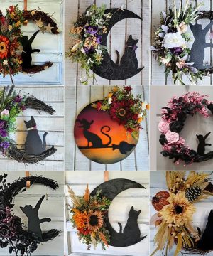 Gothic Halloween Tuerkranz Mit Schwarzer Rose Und Katze Unisex
