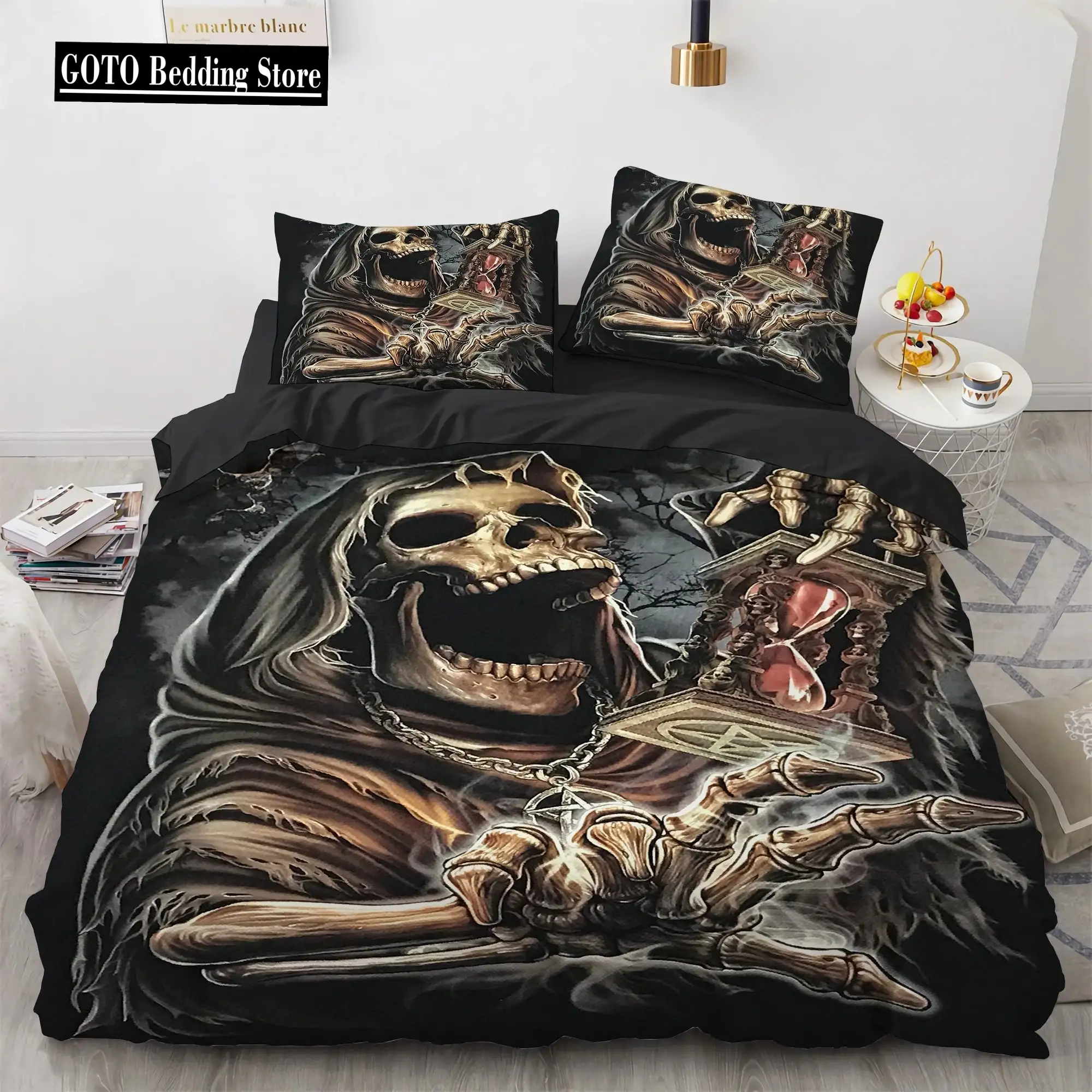 Gothic Skull Bettwaesche Set Queen Size Schwarze Halloween Bettdecke