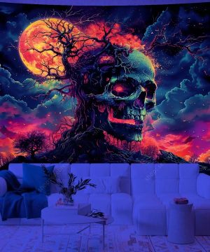 Gothic Wandteppich mit psychedelischem Totenkopf Design