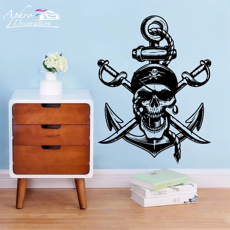 Gothic Wandtattoo mit Totenkopf & Anker im Nautik-Stil