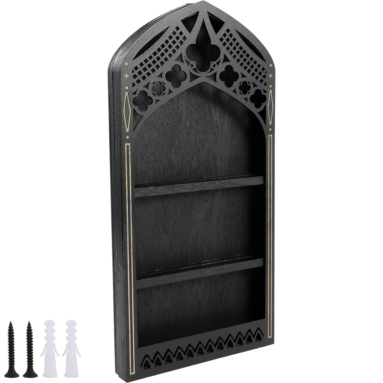 Gothic Wandregal aus Holz im Kirchenfenster-Design