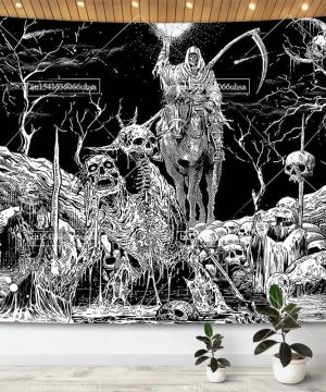 Gothic Wandteppich mit Totenkopf, Mond & Blumen Design