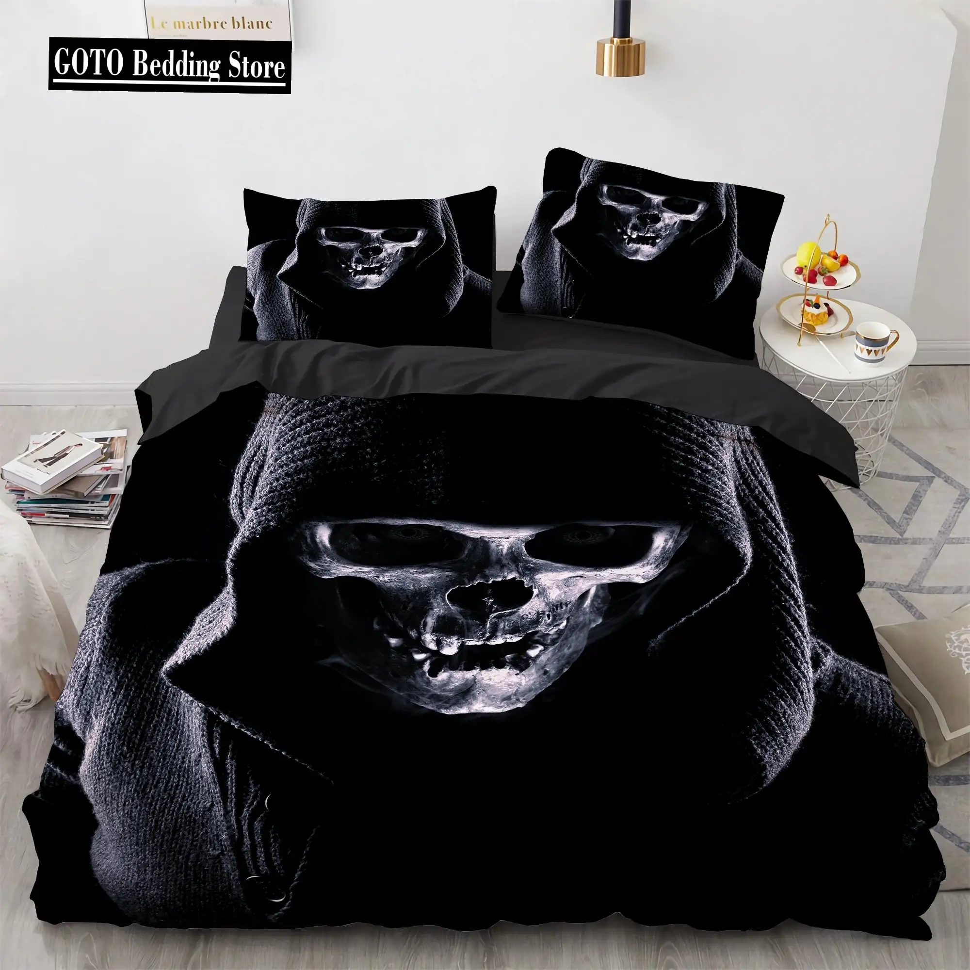 Gothic Skull Bettwaesche Set Queen Size Schwarze Halloween Bettdecke