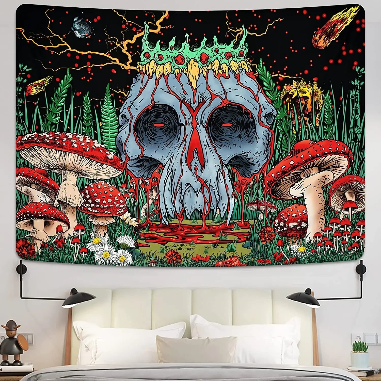 Uspring Tapiz De Calavera En Blanco Y Negro, Tapices De Esqueleto Trippy Tapiz De Mago Negro Tapiz Gotico D 732384
