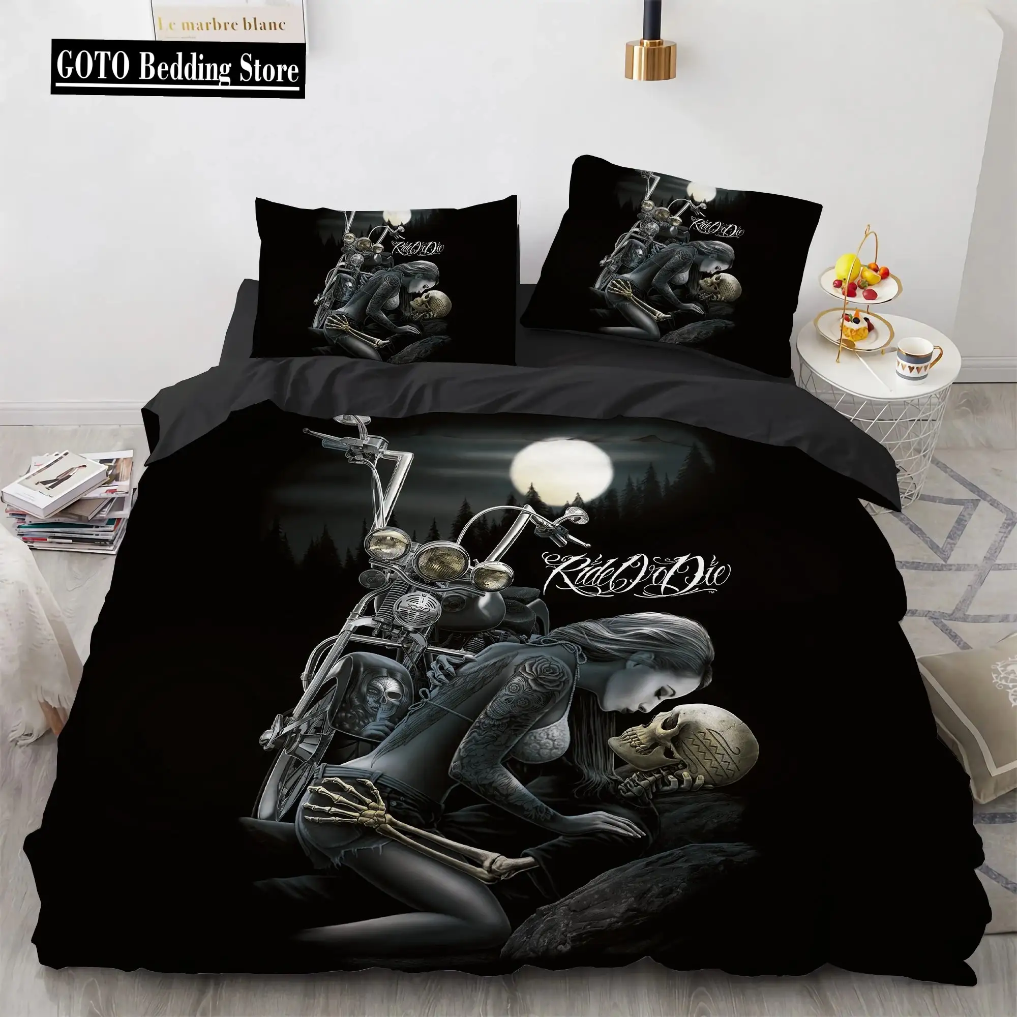 Gothic Skull Bettwaesche Set Queen Size Schwarze Halloween Bettdecke