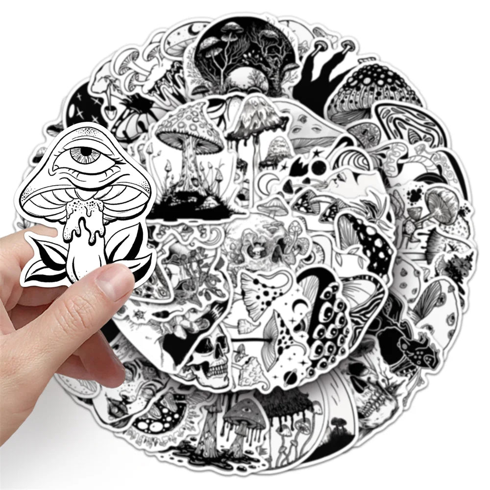 50-teiliges Set Gothic Sticker Pilze Schwarz Weiß Laptop – Bild 2