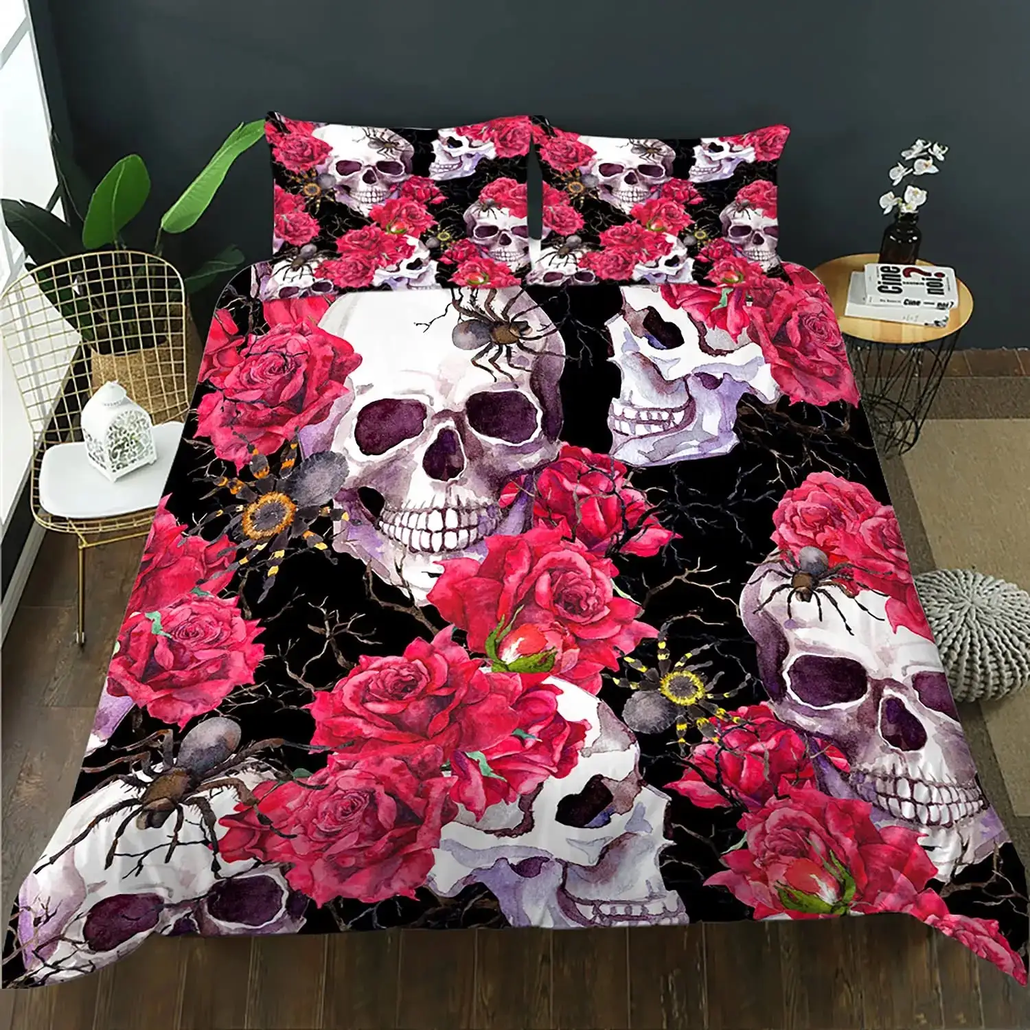 Gothic Bettwaesche Set Mit Totenkopf 038 Rose Skelett Motiv