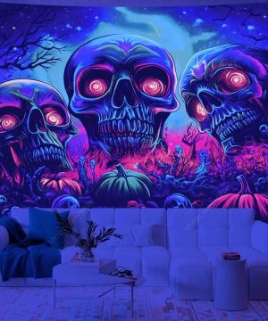 Gothic Psychedelic Skull Wandteppich – UV-reaktiv